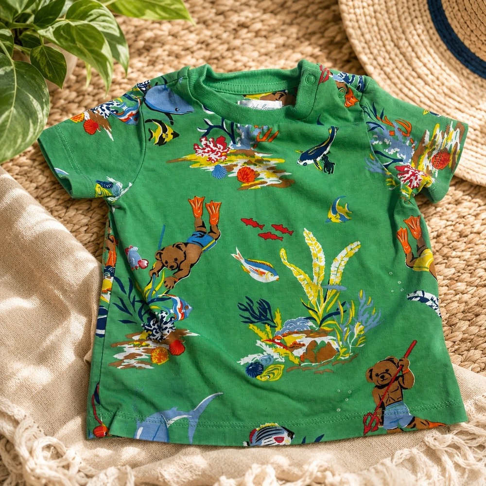 Ralph Lauren Polo Bear Scuba Diving Green Baby T-Shirt 9M Underwater Print